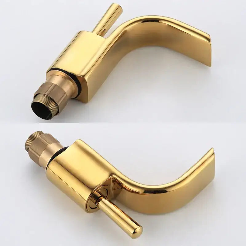 Modern black and gold brass waterfall basin faucet with gold-colored single-handle and brushed decorbites black brass finish