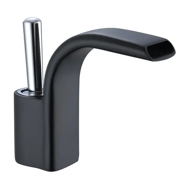 Modern black brass waterfall basin faucet with sleek curved spout and polished chrome handle for bathroom sink decorbites black brass