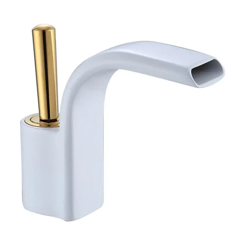 Modern black and gold brass waterfall basin faucet with white ceramic body and polished gold-tone handle for bathroom sink tap