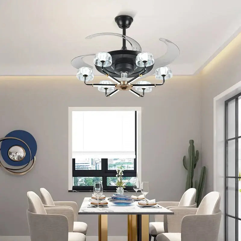 Modern black and gold chandelier ceiling fan with clear glass globe lights and remote control for bedroom decorbites chandelier ceiling