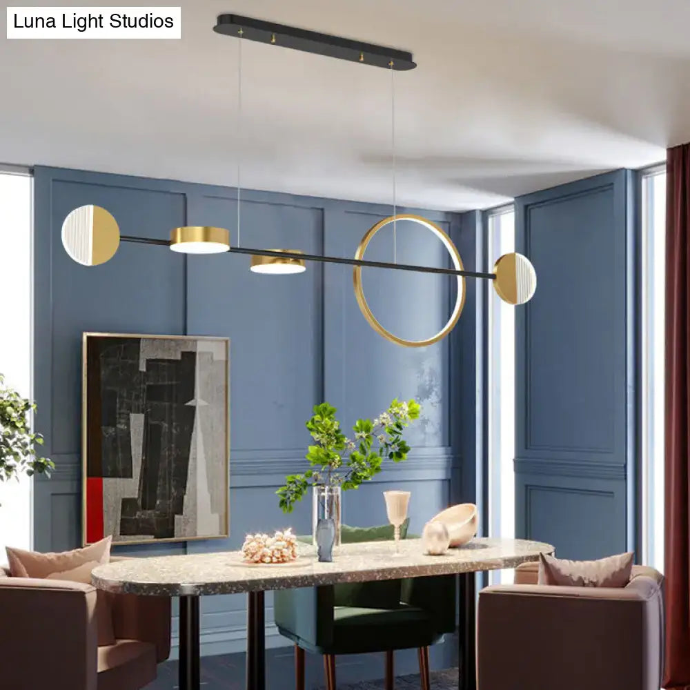DecorBites contemporary gold LED pendant light with black circle metal island bar and frosted glass shades for dining room