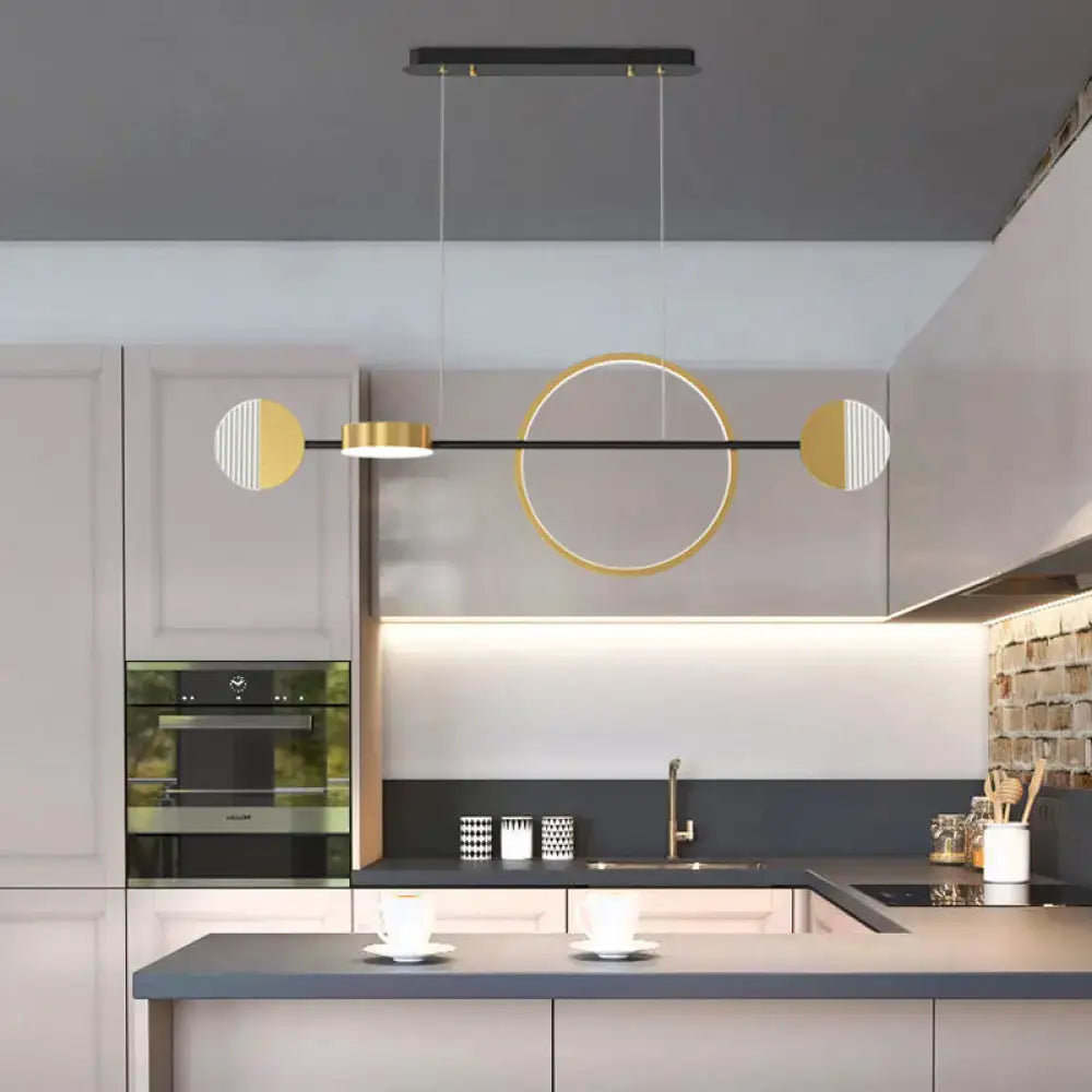 Decorbites contemporary gold led pendant light with black metal island bar and circle metal accents for dining room