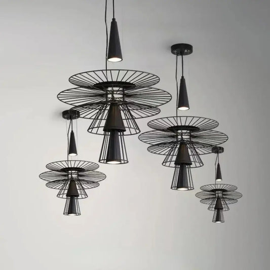 Modern black and gold iron pendant light featuring concentric circular wire frames and conical shades for room decorbites iron art
