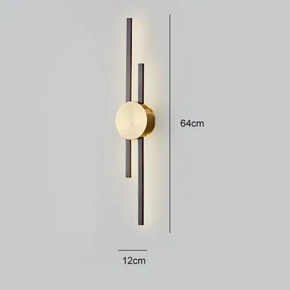 Modern black and gold copper wall light with warm circular glow and sleek vertical bars for bedroom decorbites copper wall light