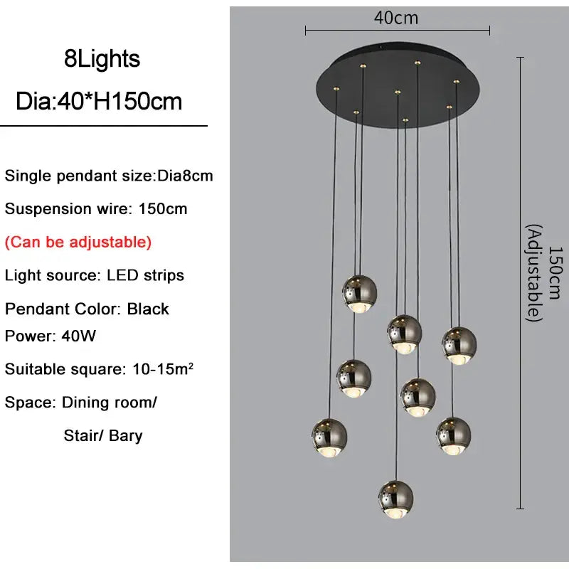 Modern black and gold decorbites crystal ball pendant light with eight adjustable chrome spherical pendants for living room