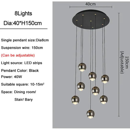 Modern black and gold decorbites crystal ball pendant light with eight adjustable chrome spherical pendants for living room