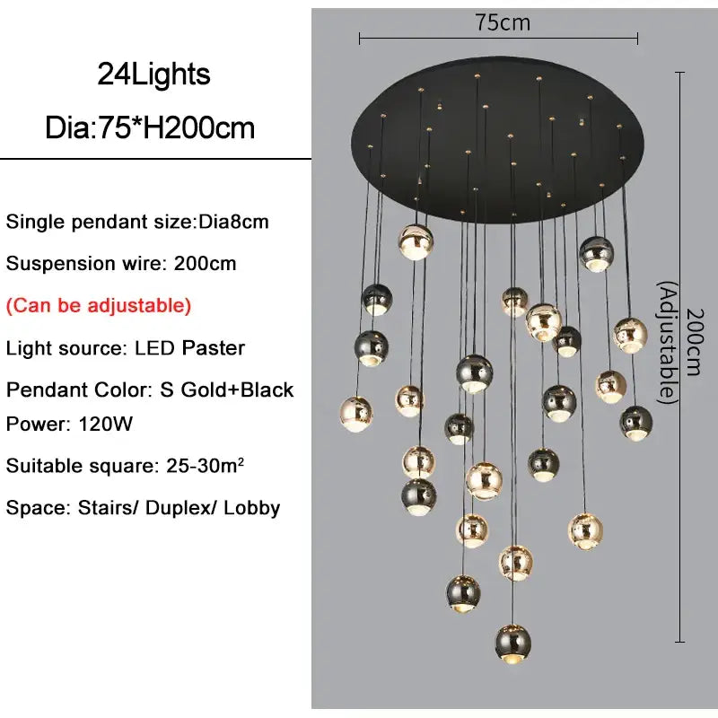Modern black and gold crystal ball pendant light with 24 silver gold and matte black spheres for living room decorbites decor