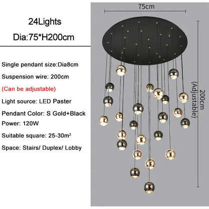 Modern black and gold crystal ball pendant light with 24 silver gold and matte black spheres for living room decorbites decor