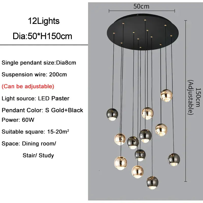 Modern black and gold crystal ball pendant light with 12 silver and gold spherical pendants for living room decorbites crystal ball