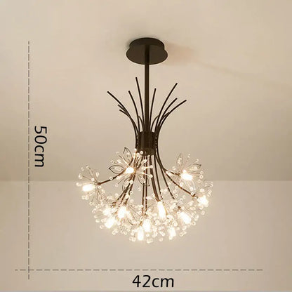 Modern black and gold pendant light with decorbites crystal bouquet design and warm clear crystal bulbs for dining room decor