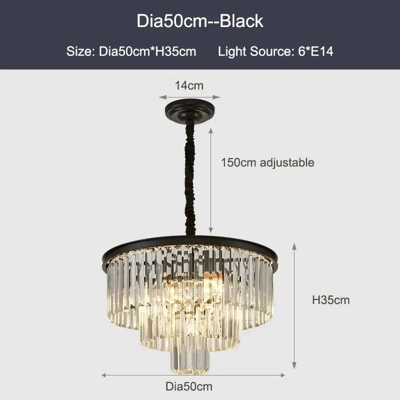 Modern black and gold crystal ceiling chandelier with cascading prisms and adjustable chain for living room lighting