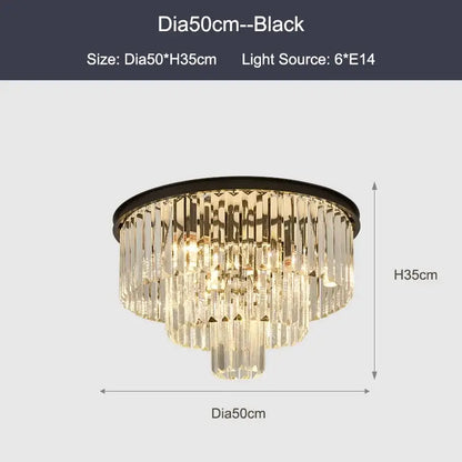 Modern black and gold crystal ceiling chandelier with cascading clear crystal prisms for living room lighting
