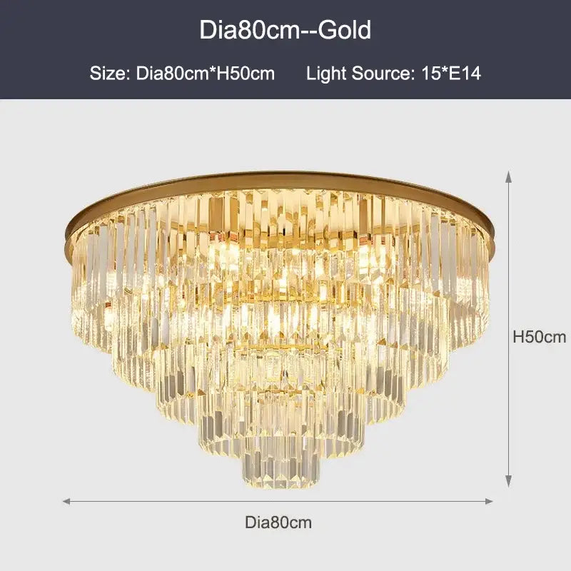 Modern black and gold crystal ceiling chandelier with cascading clear crystal prisms for living room lighting