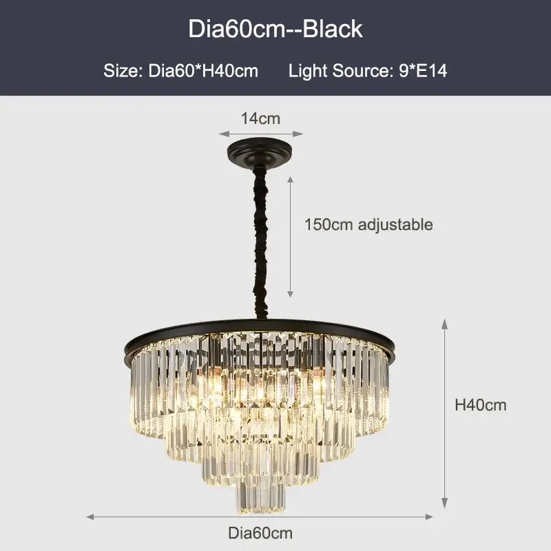 Modern black and gold crystal ceiling chandelier with cascading clear crystal prisms for living room lighting