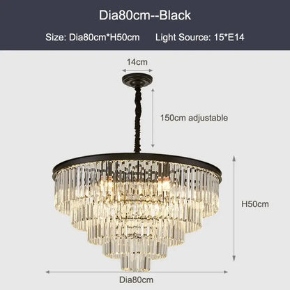 Modern black and gold crystal ceiling chandelier with multiple tiers of clear crystal prisms for living room light