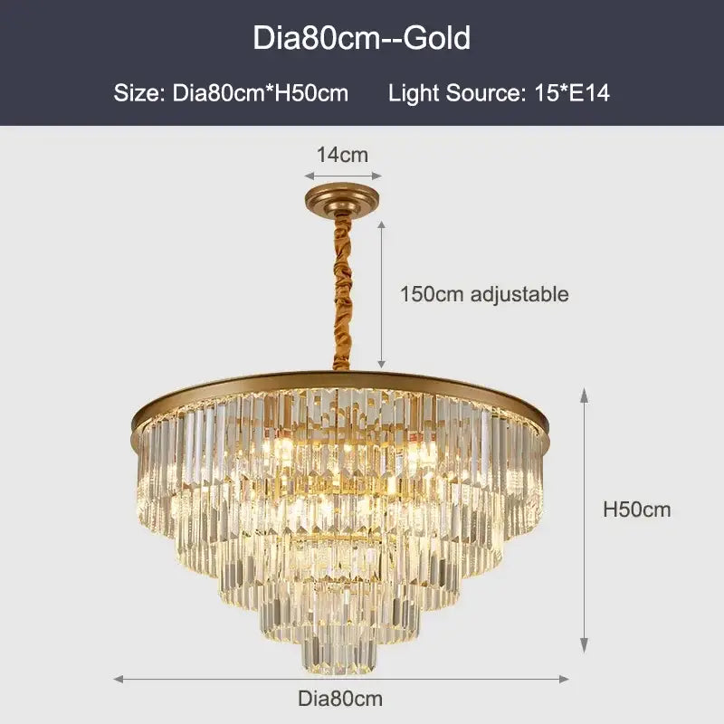 Modern black and gold crystal ceiling chandelier with multiple tiers of clear crystal rods for living room lighting