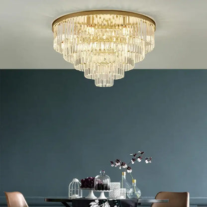 Modern black and gold crystal ceiling chandelier with multi-tiered clear glass prisms for living room lighting