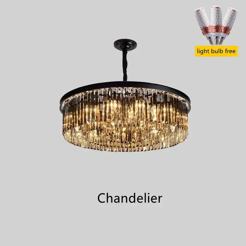 Modern black and gold crystal chandelier pendant light with metal finish featuring cascading golden crystal prisms and multiple light sources