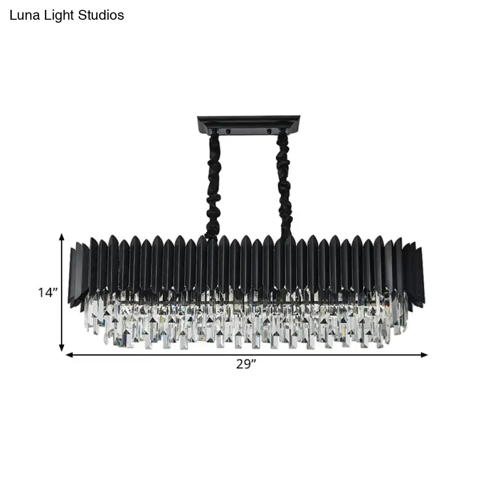 Modern black and clear crystal chandelier with an elongated rectangular design for dining room lighting