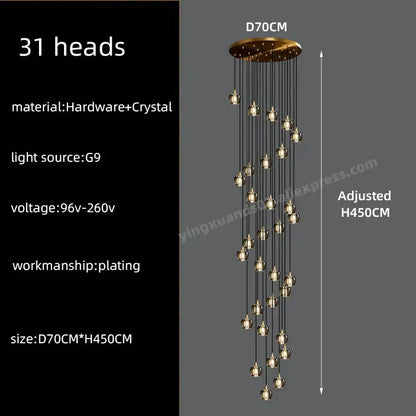 Modern black and gold crystal chandelier led pendant light with 31 gold-toned crystal-encased g9 light heads