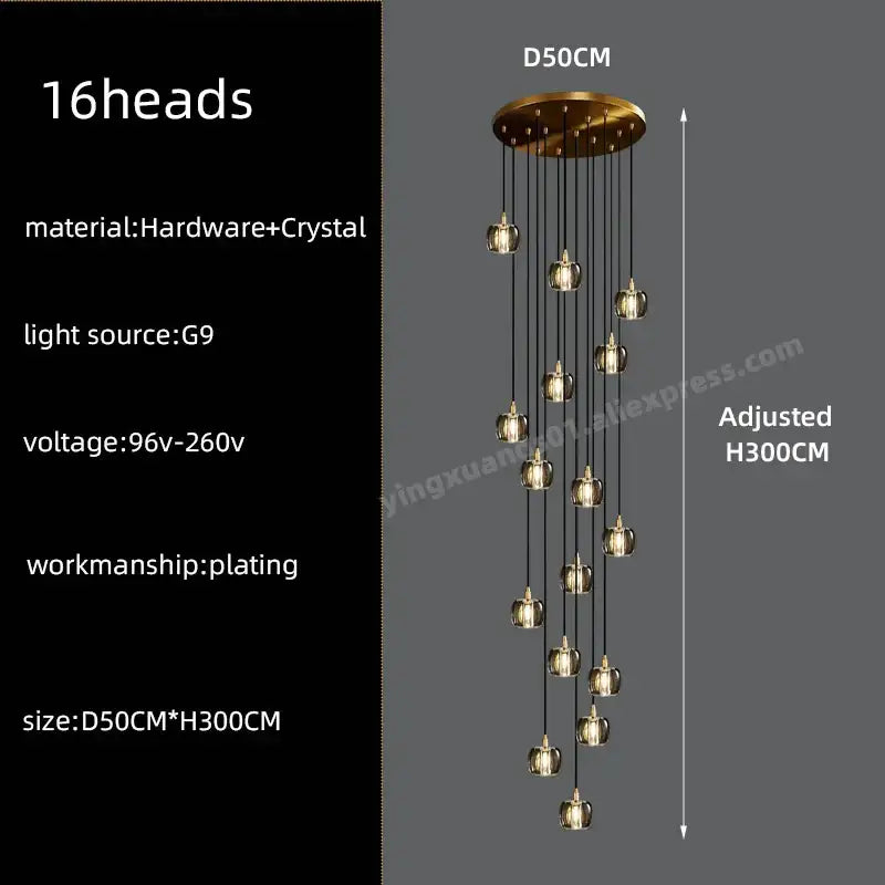Modern black and gold crystal chandelier led pendant light with 16 gold crystal lights suspended from circular base