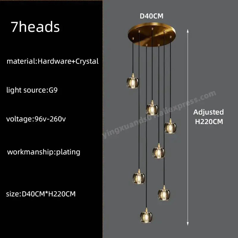Modern black and gold crystal chandelier led pendant light with seven gold-tone crystal globe lights hanging from brass fixture