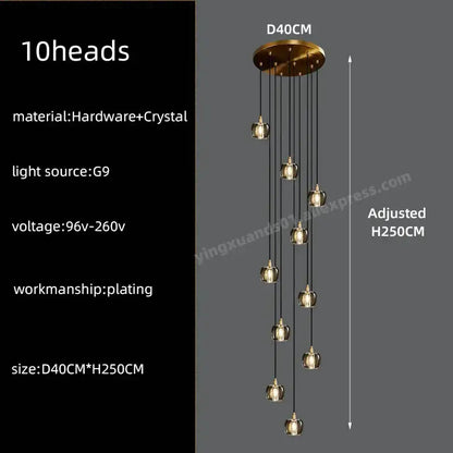 Gold-toned pendant light with ten hanging crystal globes in a modern black and gold crystal chandelier led design