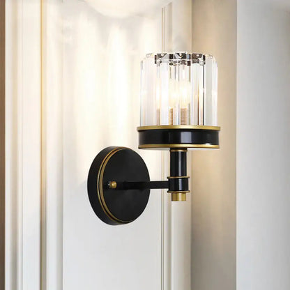 Modern black and gold crystal cylinder wall light with cylindrical glass shade for hallway or indoor wall light use