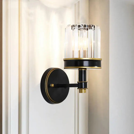 Modern black and gold crystal cylinder wall light with cylindrical glass shade for hallway or indoor wall light use