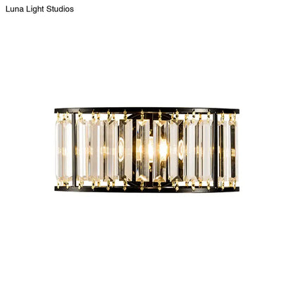 Modern black and gold crystal half cylinder wall sconce with clear crystal rods for LED incandescent fluorescent lighting