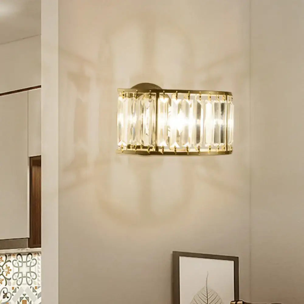 Modern black and gold crystal half cylinder wall sconce with clear crystal half vertical bars for bedroom lighting