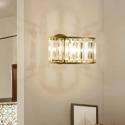 Modern black and gold crystal half cylinder wall sconce with clear crystal half vertical bars for bedroom lighting
