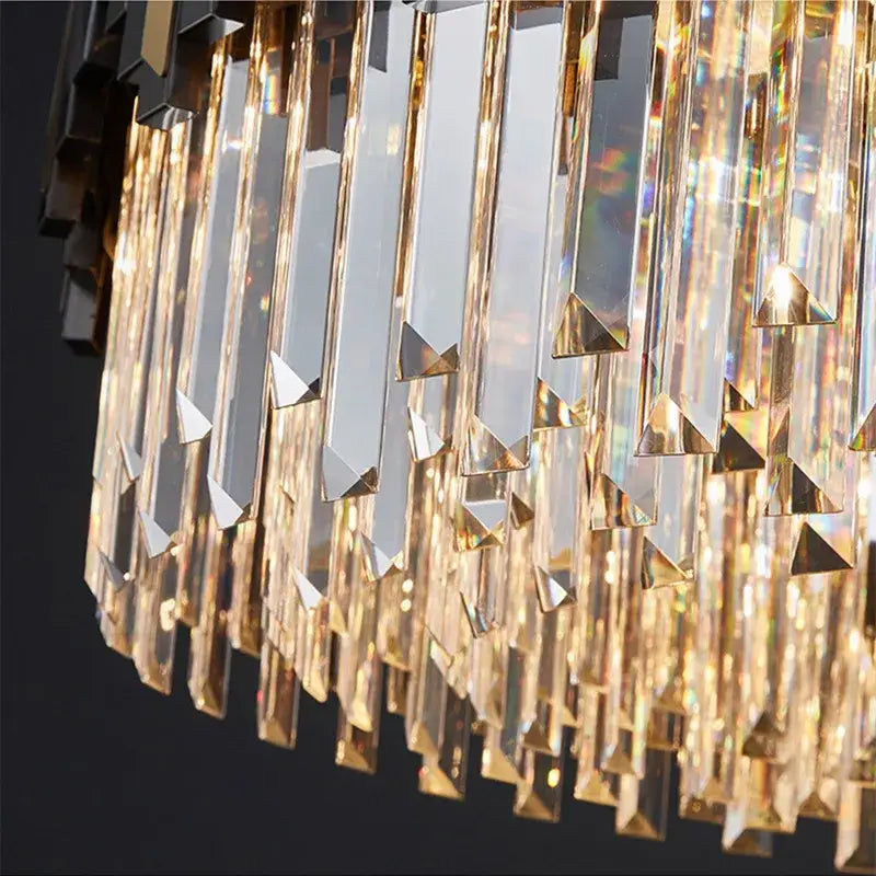 Modern black and gold crystal led chandelier with cascading rectangular crystal prisms for living room lighting