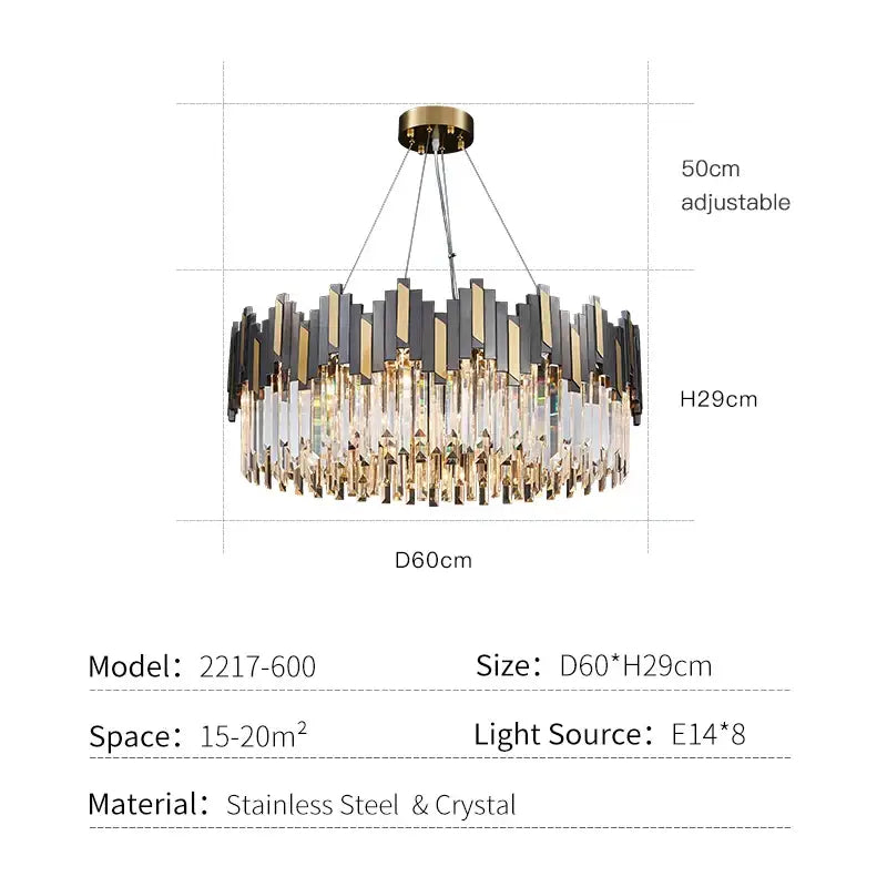 Modern black and gold crystal led chandelier with circular design and clear crystal droplets for living room lighting