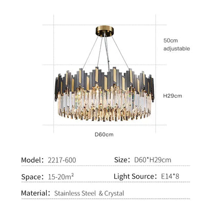 Modern black and gold crystal led chandelier with circular design and clear crystal droplets for living room lighting
