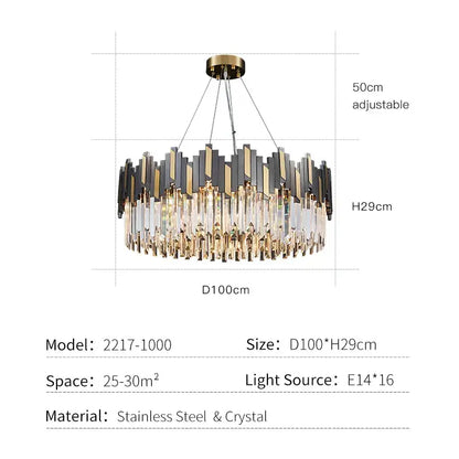 A modern black and gold crystal led chandelier with stainless steel bars and clear crystal prisms for living room lighting