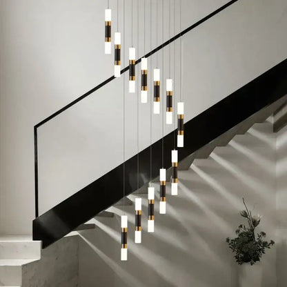 Modern black and gold crystal led chandelier staircase pendant light with sleek cylindrical shades by decorbites crystal led