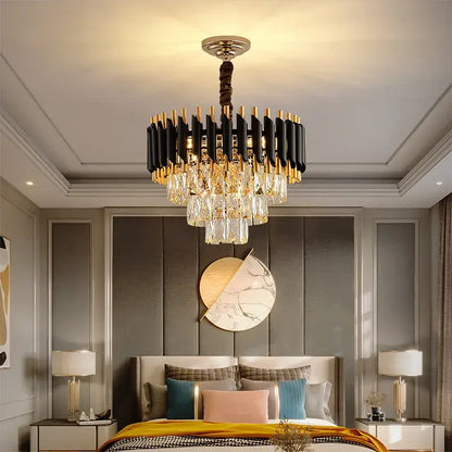 Modern black and gold crystal led pendant chandelier with crystal droplets on twisted bronze stem for dining room decorbites crystal led