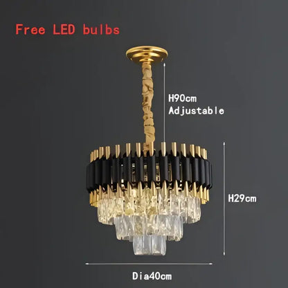 Modern black and gold crystal led pendant chandelier with gold-toned frame and black clear crystal tiers for dining room decorbites crystal led