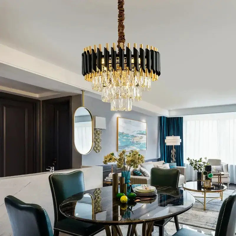 Modern black and gold crystal led pendant chandelier with twisted bronze chain and crystal droplets for living room decorbites crystal led
