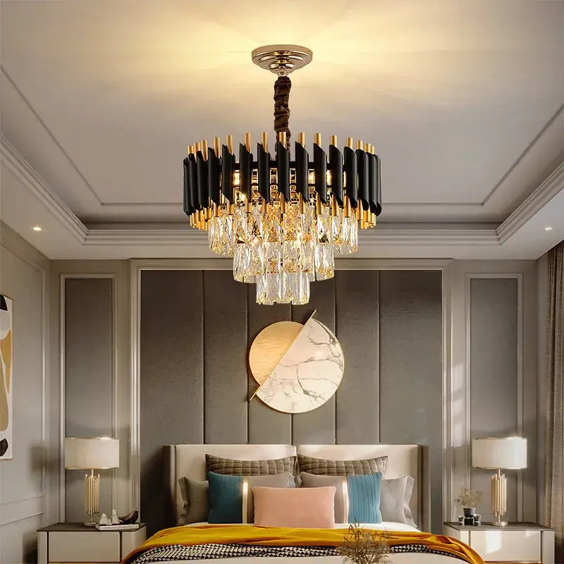 Modern black and gold crystal led pendant light with twisted bronze stem and crystal droplets for dining room decorbites crystal led