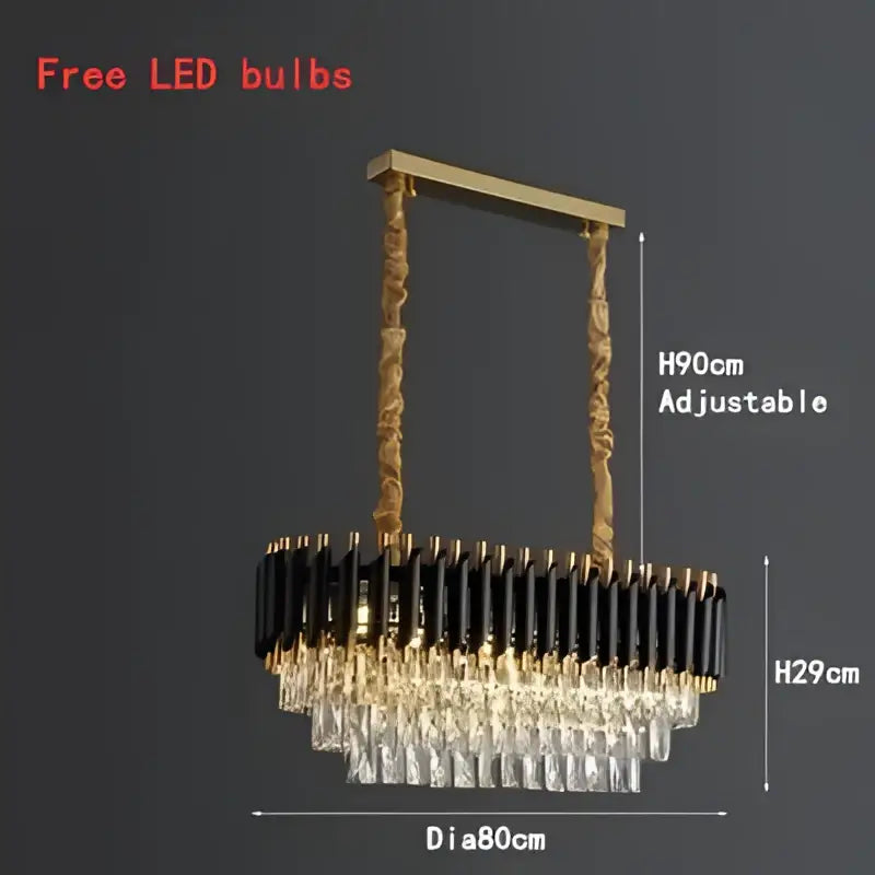 Modern black and gold crystal led pendant light with black cylinders and cascading clear crystal droplets for dining room decorbites crystal led