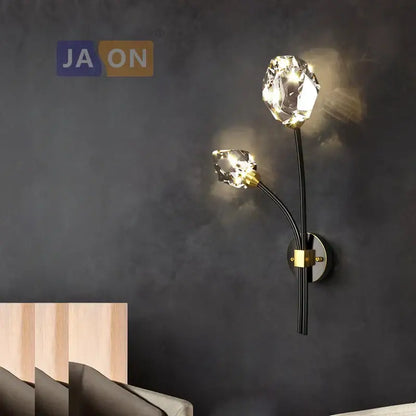 Elegant black metal wall sconce with gold accents and faceted crystal bulbs decorbites crystal led wall bedroom light