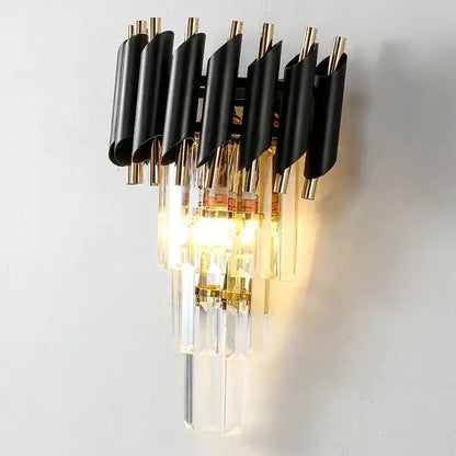 Modern black and gold wall lamp with cascading crystal prisms for decorbites crystal luxury wall bedroom sconce