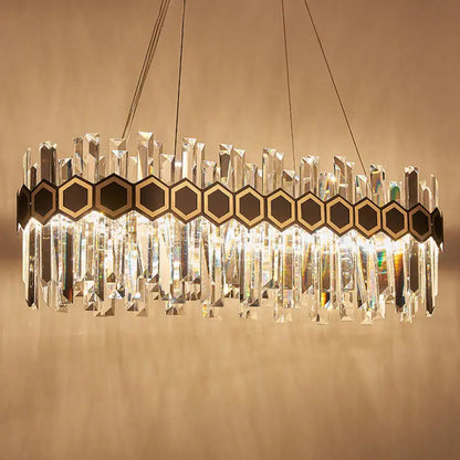 Modern black and gold crystal oval chandelier with black hexagonal accents and clear prisms for dining room ceiling light 220v-240v