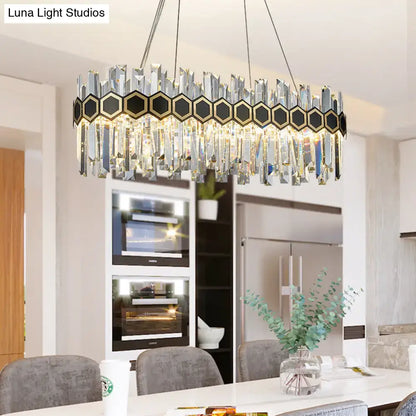 Modern black oval chandelier with gold hexagonal accents and clear crystal prisms for dining room ceiling light 220v-240v