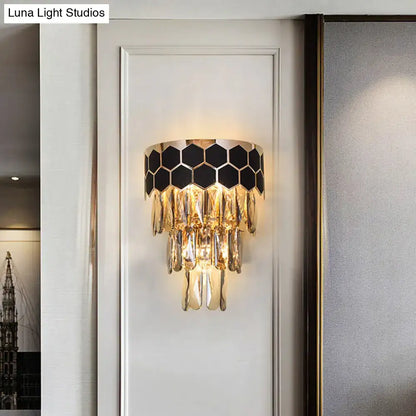 Modern black and gold crystal prism light fixture wall sconce with black hexagonal mosaic and cascading crystal droplets 220v-240v 110v-120v