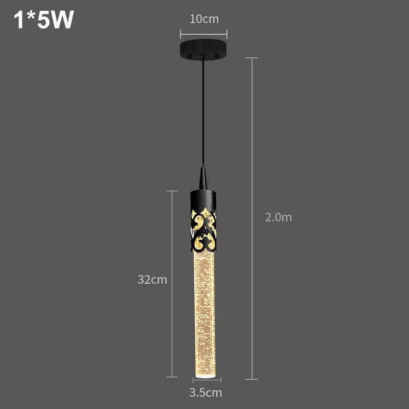 Modern black and gold crystal rod pendant light with glowing textured glass body for dining room illumination