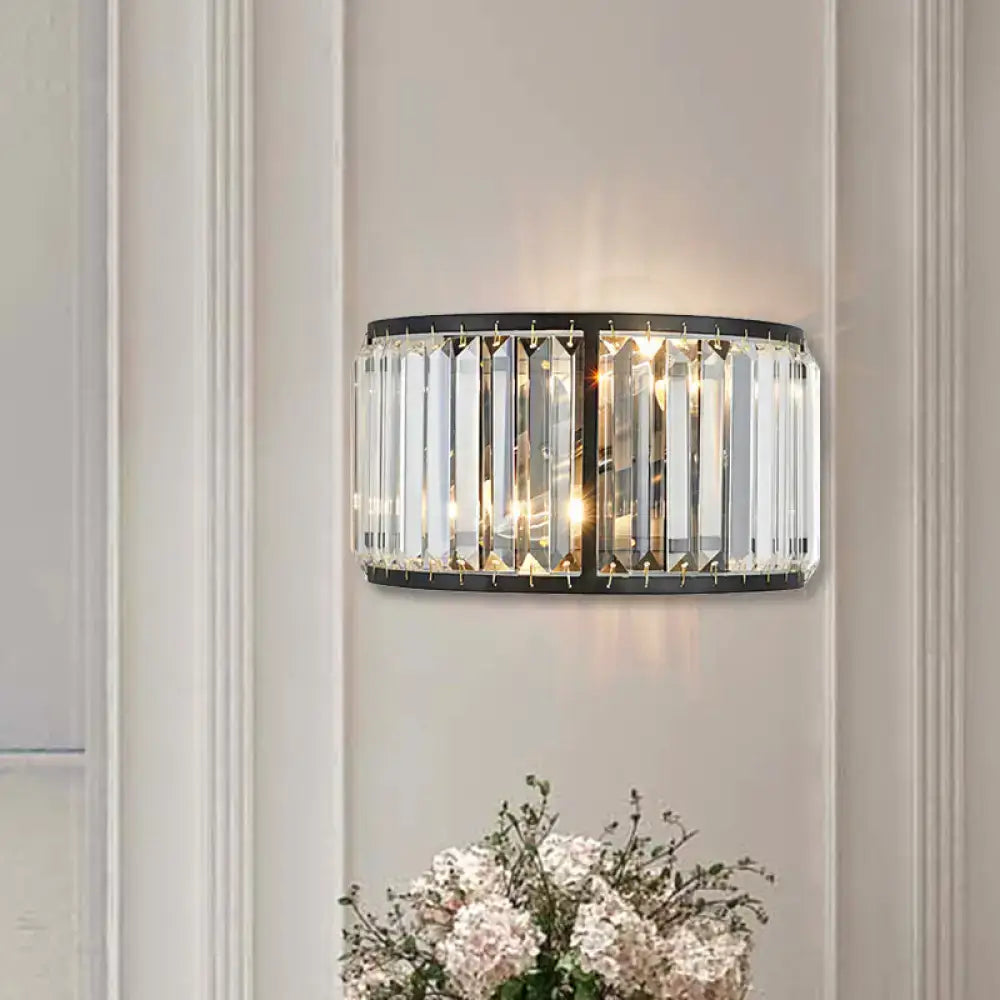 Modern black and gold crystal wall sconce with vertical prisms 16 inch fixture height compatible with e12 e14 bulbs