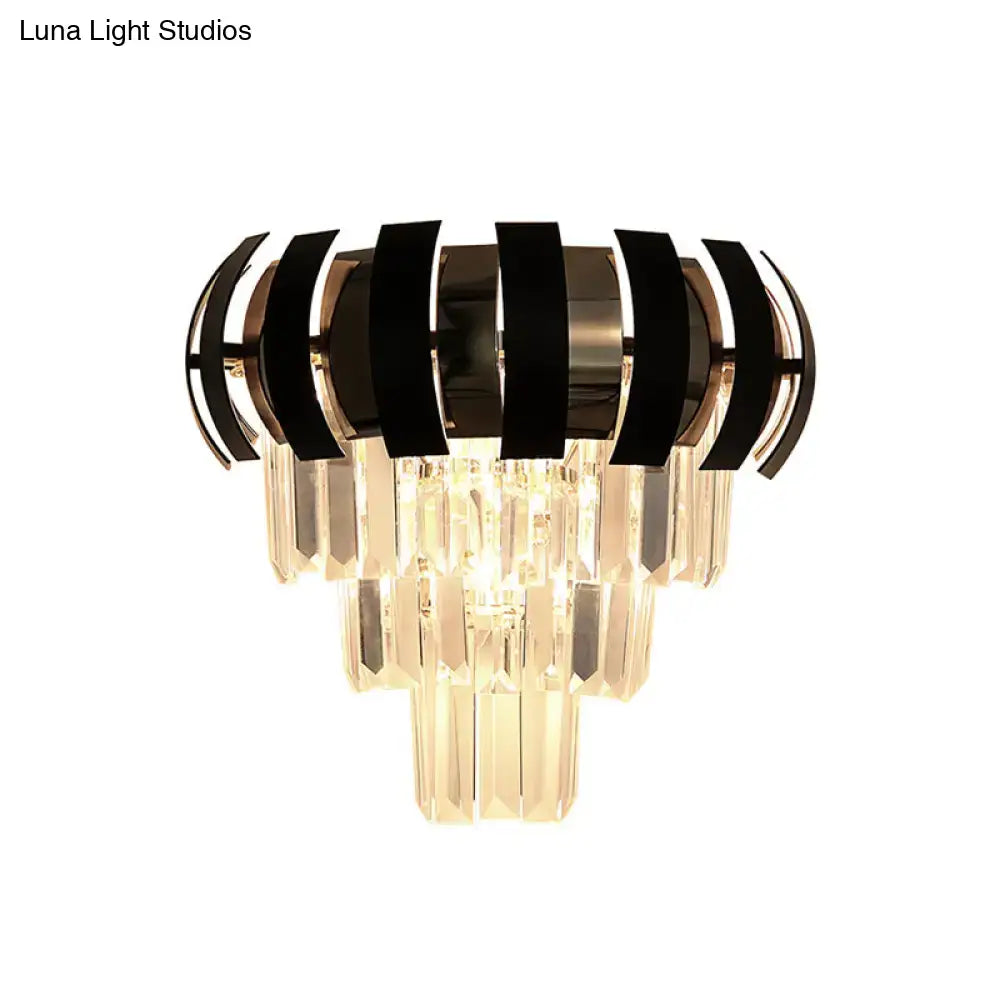 Modern black and gold crystal wall sconce with cascading prisms wall light compatible with e12 e14 bulbs